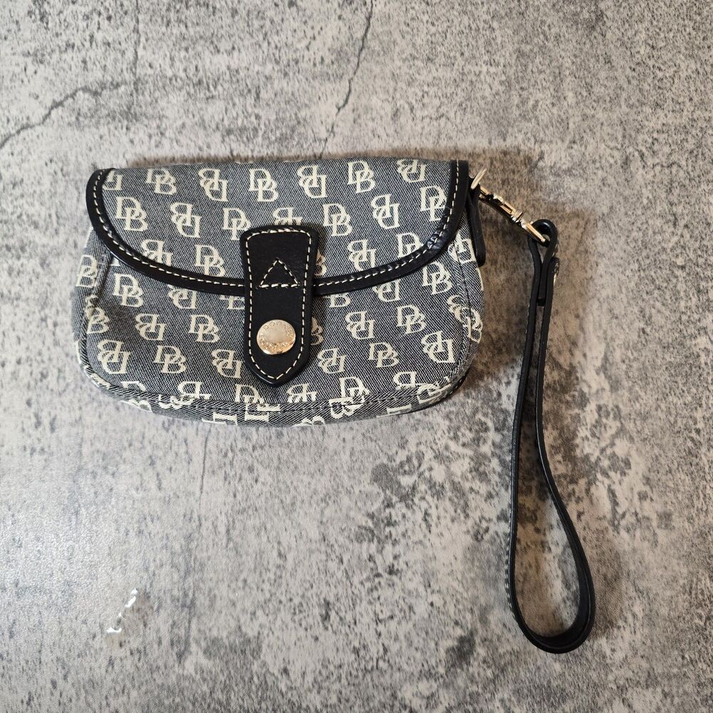 Dooney & Bourke Grey/Black Canvas Wristlet/Clutch Ladies Gray Leather Trim Logo